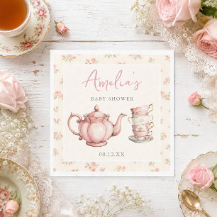 Floral Teapot and Tea Cups Pink Baby Shower Napkins