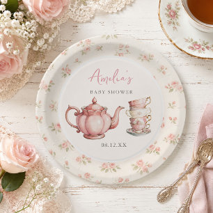 Floral Teapot and Tea Cups Pink Baby Shower Paper Plates