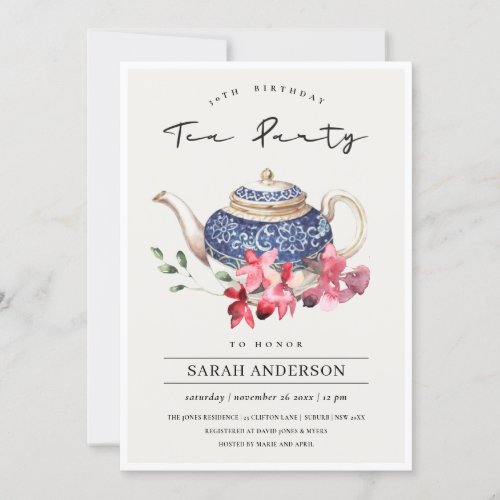 Floral Teapot Any Age Birthday Tea Party Invite