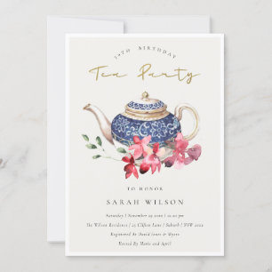Floral Teapot Any Age Birthday Tea Party Invite