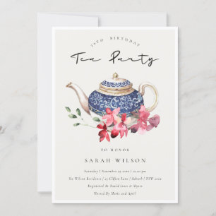 Floral Teapot Any Age Birthday Tea Party Invite