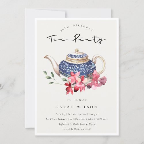 Floral Teapot Any Age Birthday Tea Party Invite