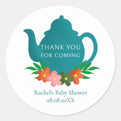 Floral Teapot Baby Shower Thank You Classic Round Sticker