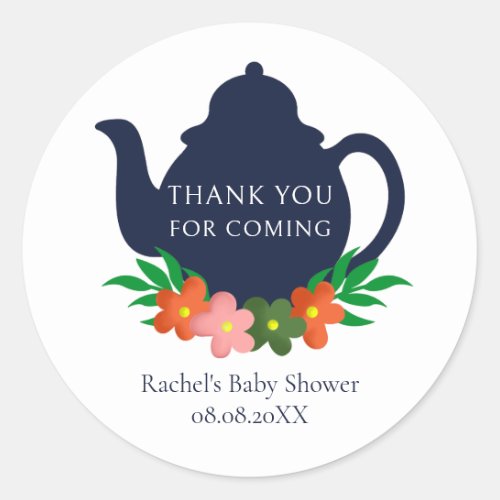 Floral Teapot Baby Shower Thank You Classic Round Sticker