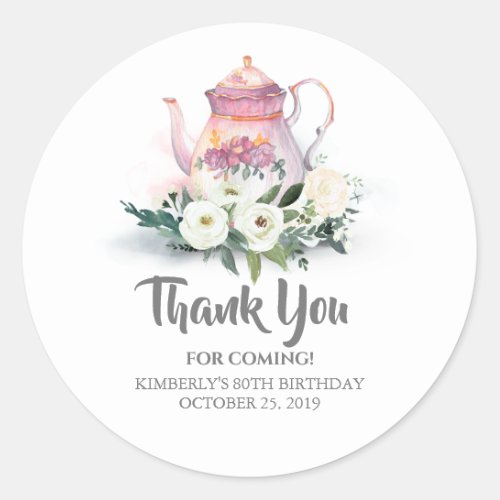 Floral Teapot Birthday Party Thank You Classic Round Sticker