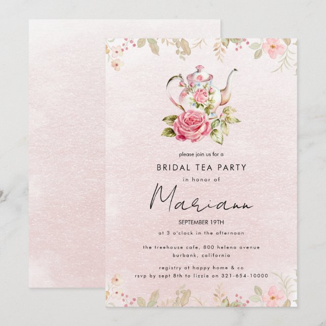 Floral Teapot Bridal Shower Tea Party Invitation (Front/Back)