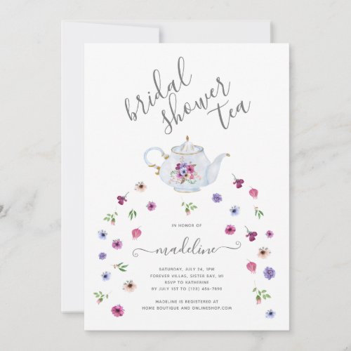 Floral Teapot Bridal Shower Tea Party Invitation