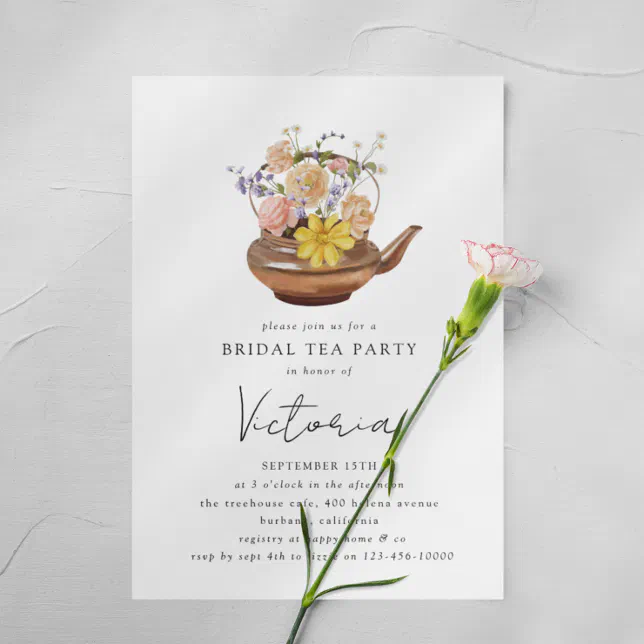 Floral Teapot Bridal Shower Tea Party Invitation Zazzle