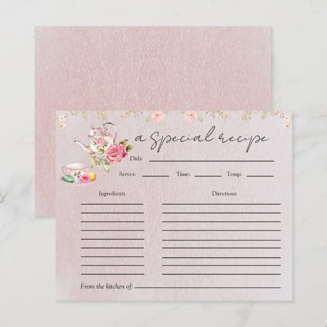 Floral Teapot Bridal Shower Tea Party Recipe Card (Front/Back)