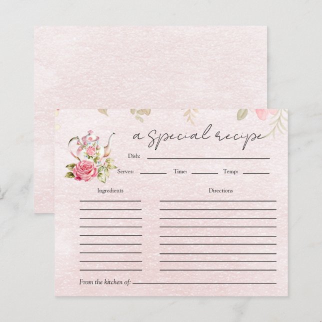 Floral Teapot Bridal Shower Tea Party Recipe Card (Front/Back)
