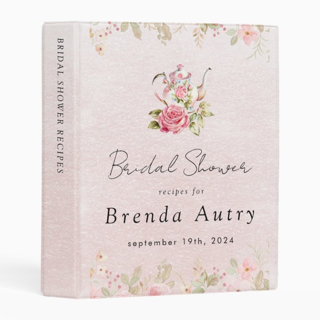 Floral Teapot Bridal Shower Tea Party Recipe Mini Binder (Front/Spine)