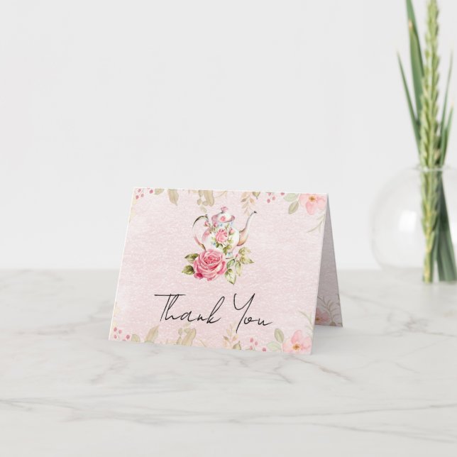 Floral Teapot Bridal Shower Tea Party Thank You Card (Front)