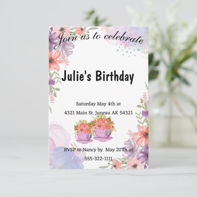 Floral teapot lavender birthday  invitation (Standing Front)