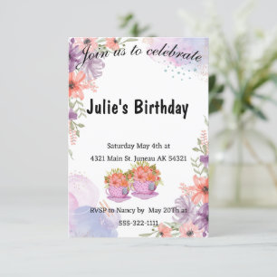 Floral teapot lavender birthday  invitation