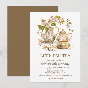 Floral Teapot Let's Par Tea 5th Birthday Invitation