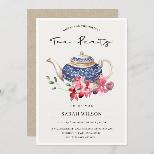 Floral Teapot Red Blue Holiday Tea Party Invite