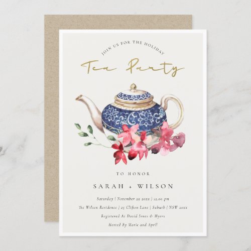 Floral Teapot Red Blue Holiday Tea Party Invite