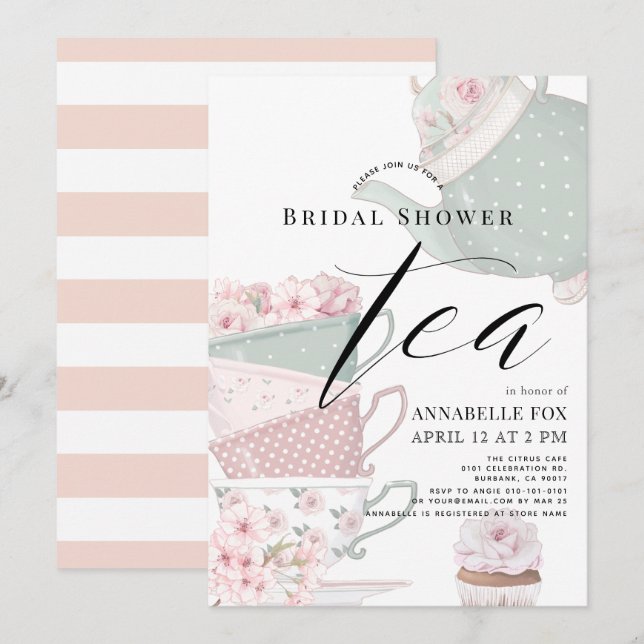 Floral Teapot & Tea Cups Pink Bridal Shower Invitation (Front/Back)
