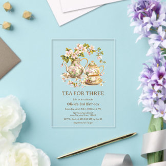 Floral Teapot Tea for Three 3rd Birthday Petite Acrylic Invitation