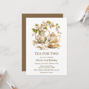 Floral Teapot Tea for Two 2nd Birthday Invitation