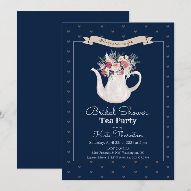 Floral Teapot Tea Party Bridal Shower Invitation (Front/Back)