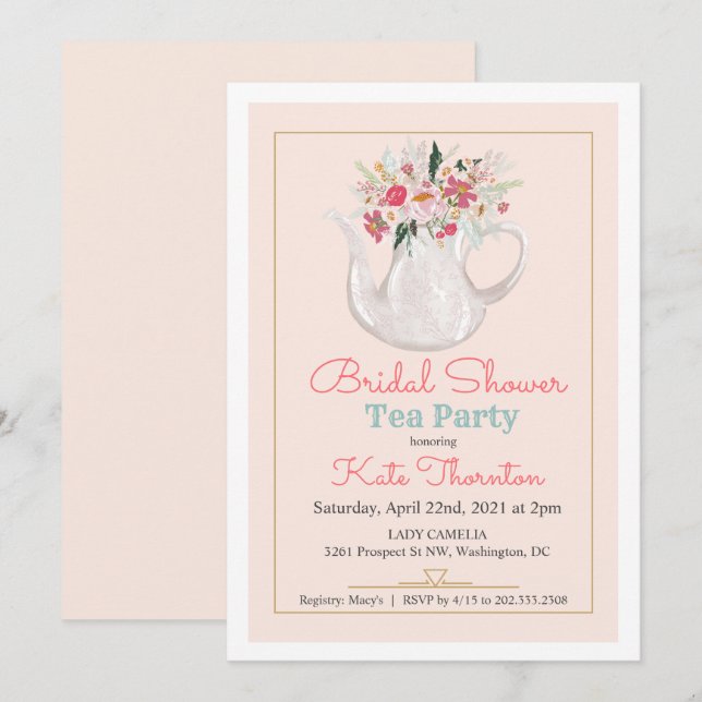 Floral Teapot Tea Party Bridal Shower Invitation (Front/Back)