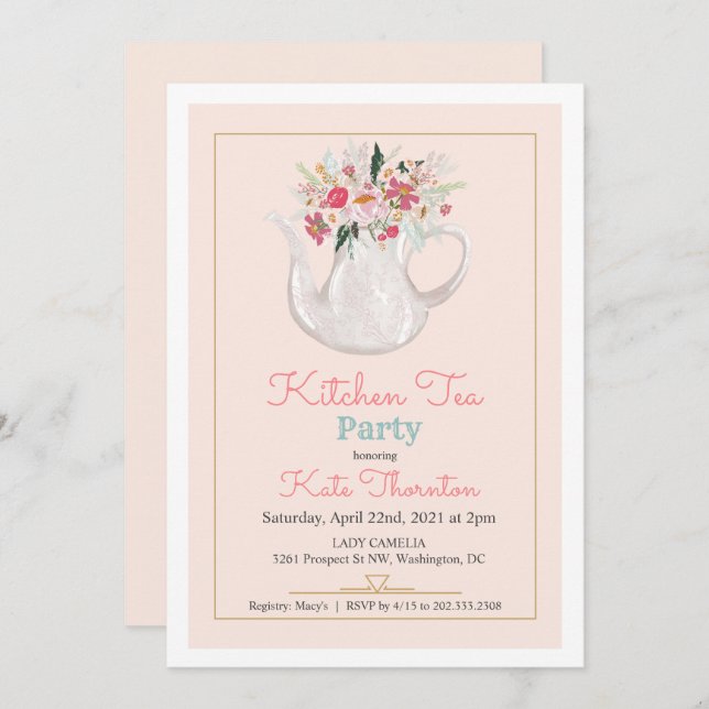 Floral Teapot Tea Party Kitchen Tea Invitation (Front/Back)