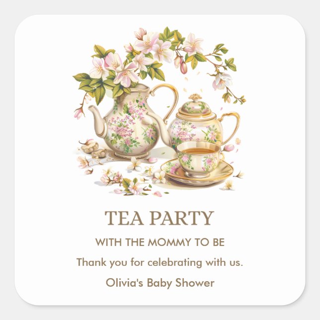 Floral Teapot Tea Party Time for Tea Baby Shower  Square Sticker (Front)