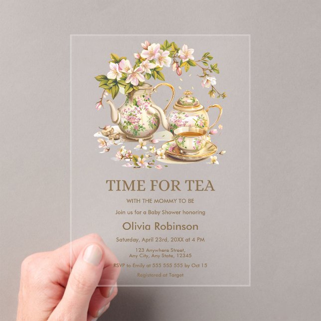 Floral Teapot Time for Tea Baby Shower  Acrylic Invitations (Insitu (Handheld))