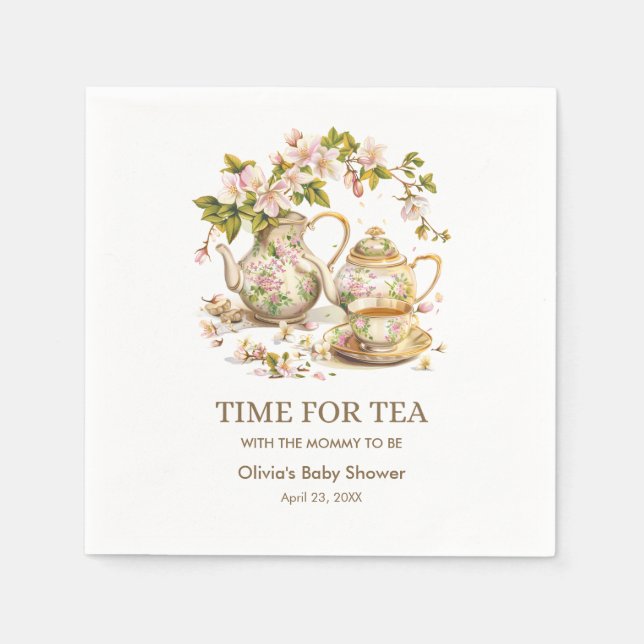Floral Teapot Time for Tea Baby Shower  Napkins (Front)