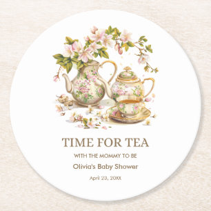 Floral Teapot Time for Tea Baby Shower Round Paper Coaster