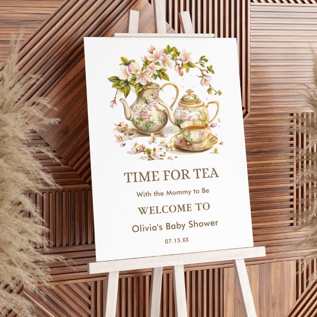 Floral Teapot Time for Tea Baby Shower Welcome Foam Board (Time for Tea Spring Baby Shower Welcome Sign )