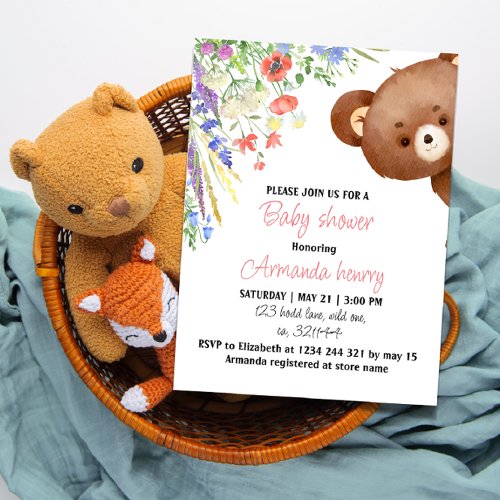 Floral teddy bear baby shower invitation editable