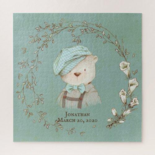 Floral Teddy Bear Hat Name Birth Announcement Jigsaw Puzzle