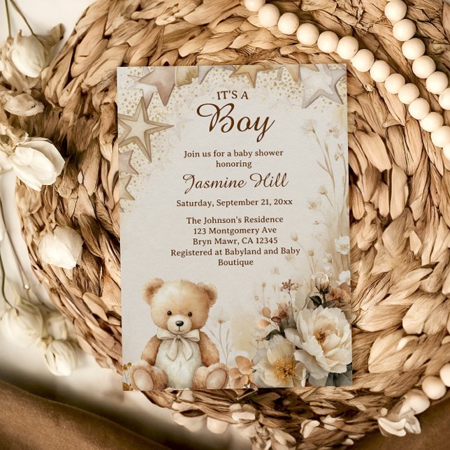 Floral Teddy Bear It’s a Boy Baby Shower Invitation (Creator Uploaded)