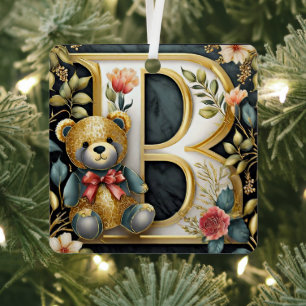FLoral Teddy Bear letter B Metal Ornament
