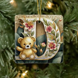 FLoral Teddy Bear letter D Ceramic Ornament