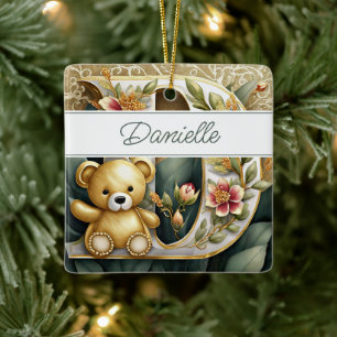 FLoral Teddy Bear letter D personalized Ceramic Ornament