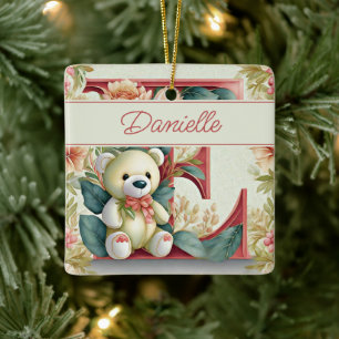 FLoral Teddy Bear letter E personalized Ceramic Ornament