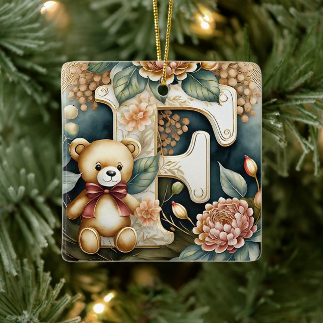 FLoral Teddy Bear letter F Ceramic Ornament (Tree)