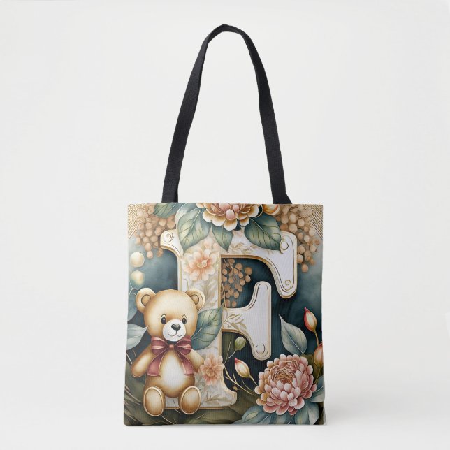 FLoral Teddy Bear letter F Tote Bag (Front)