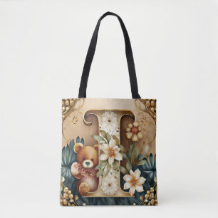 FLoral Teddy Bear letter I Tote Bag