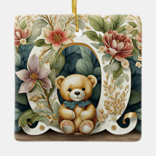 FLoral Teddy Bear letter O Ceramic Ornament