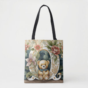 FLoral Teddy Bear letter O Tote Bag