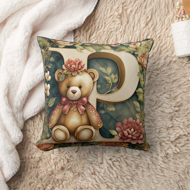 FLoral Teddy Bear letter P Throw Pillow (Blanket)