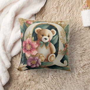 FLoral Teddy Bear letter Q Throw Pillow