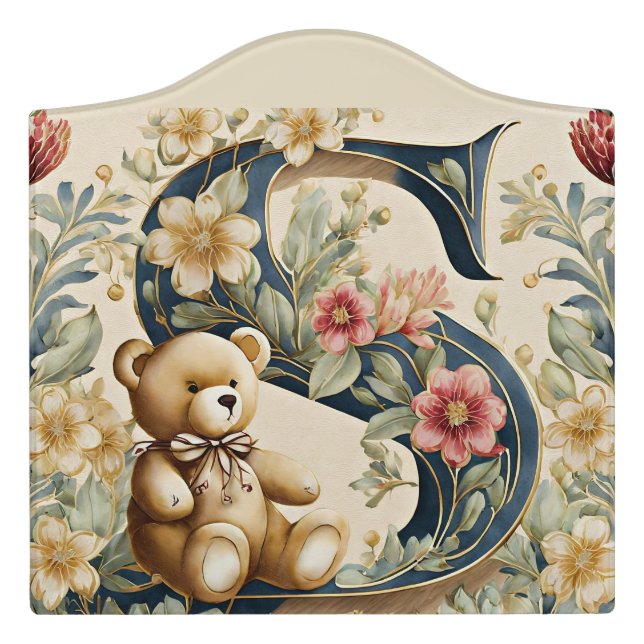 FLoral Teddy Bear letter S Door Sign (Large Crest Front)
