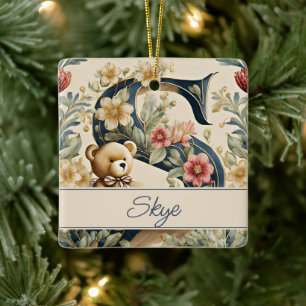 FLoral Teddy Bear letter S personalized Ceramic Ornament
