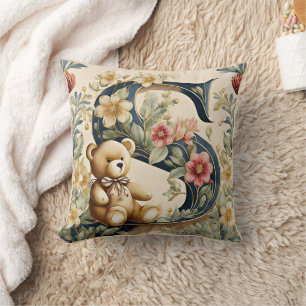 FLoral Teddy Bear letter S Throw Pillow