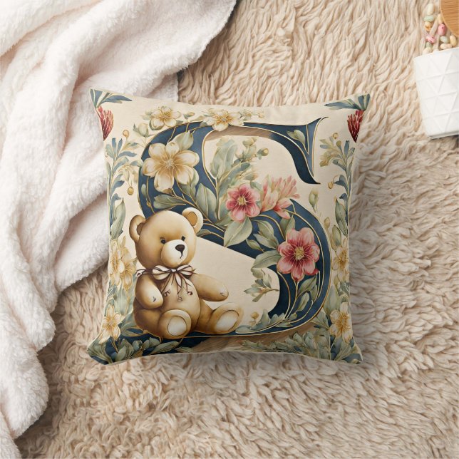 FLoral Teddy Bear letter S Throw Pillow (Blanket)